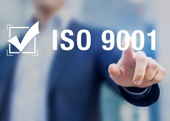 ISO 9001 quality management international standard organization certification with checkbox badge and businessman, certified business, service, industry, system